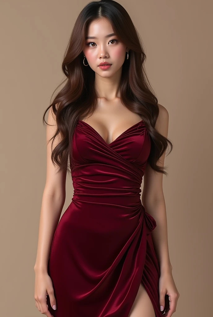 Ai of jennie of blackpink with long brown hain and exactly like jennie face and maroon long dress and full body pic and it should be full pic not zoom picshiny body and glossy lips and best eyes and eyes should be on the place with brown color but she should like exactly like jennie from blackpink and show all body head will be not cut and smile face but not like this she should be like first ai and perfect big boobs and body should be like celebrity but big boobs and hips should be normal but first face not this one and zoom out pic it's not that face