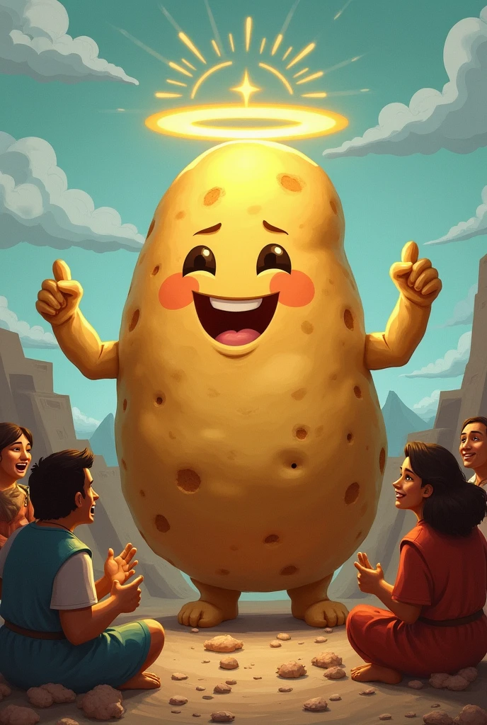 a potato with a face standing in-front of starving people saving them happy