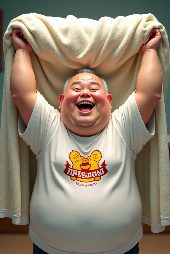 4 ,Japanese ,Fair skin, Fat Uncle ,Wearing Maximum the Hormone merchandise Shiroi Koi no Sperma T ,He is holding up a 10-FEET towel with both hands. ,smile ,A little bald ,Photorealistic,