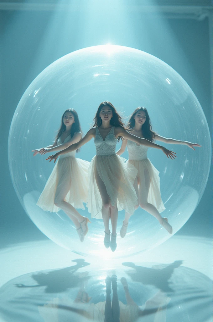 I'm taking photos for a new concept album. Create a concept photo of a girl group in a giant soap bubble
