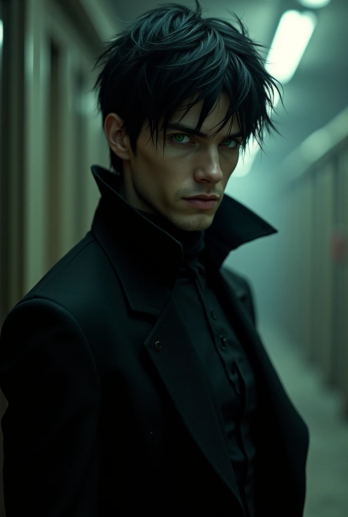 A male assassin with black hair and green eyes, a little less realistic