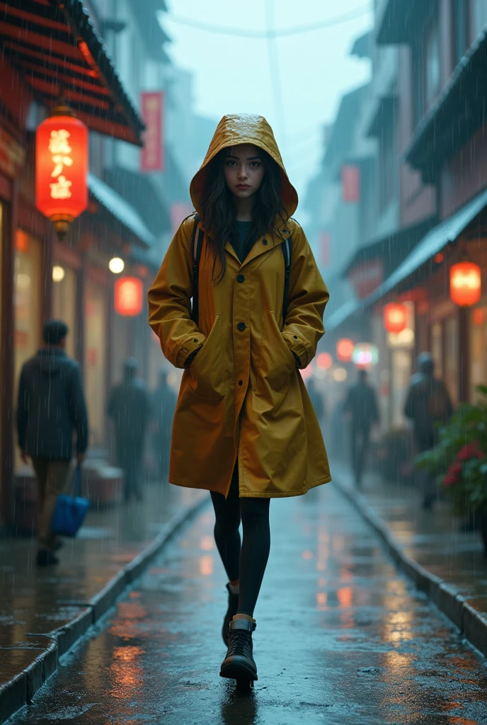 Teenager woman walking fast through a town in the rain 