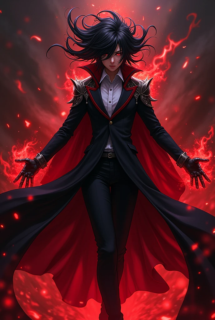 ¡
**hair**: I might have dark, messy hair, with pointed tips resembling flames or shadows, giving it a dynamic and powerful look. 2. **CLOTHES**: He would wear a long, dark tuxedo-style cape. , maybe with red details, that floats dramatically around him. The clothing could be a warrior outfit, with stylized armor on the shoulders and arms. 3. **Accessories**: I could wear a pair of gloves with shiny details, and maybe a mask that covers part of your face, adding a mysterious air. 4. **Posture**: I would be in an action pose, with arms outstretched, as if he were invoking power or controlling dark elements. 5. **bottom**: A dark background or red and black tones, that highlights the contrast with the character, giving a feeling of intensity and strength. This would give it a very exciting and visually appealing anime touch.. Would you like to add any more details??