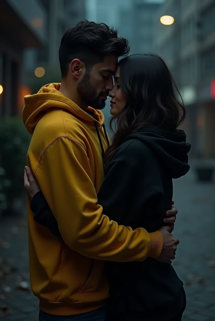 Can you make 2 people hugging in night time ( man wearing yellow hoodie hugging women in her waist she wearing black hoodie)