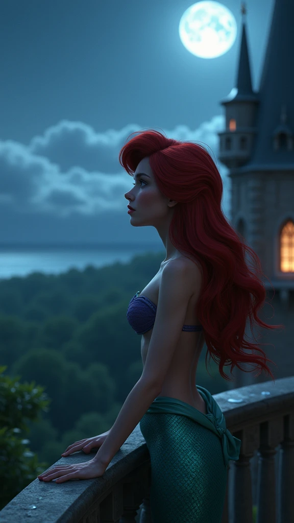 ariel, he has a sad look, super realistic female human face, she is on the castle balcony, It's night and the moon is full, trees on the horizon, sea not horizon