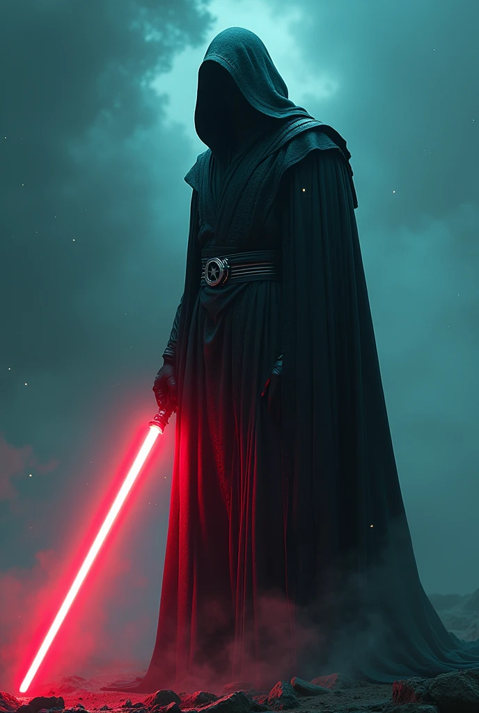 The country honduras as a Sith Lord from Star Wars, star on the Cape, colors turquoise and white, red lightsaber, scary, frightening, ultra-realistic