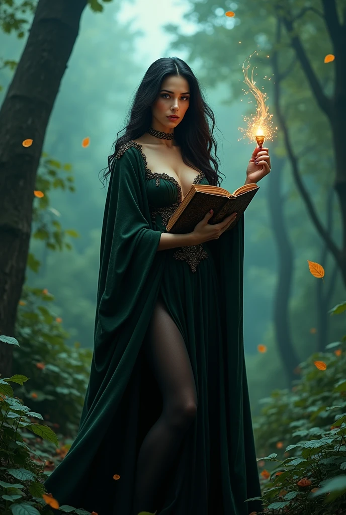 Irish Celtic Woman (best quality, high resolution, vivid colors), beautiful detailed, beautiful detailed lips, extremely detailed eyes and face, shocking beauty, Fine complexion, The Enchanted Forest, witchcraft, magical atmosphere, mysterious vibrations, floating leaves, Book resplendent with spells, bright wand, dark robe, captivating look, ancient knowledge, spell, magic potions, silhouette, Moonlight night, Sorceress in the moonlight, large breasts... exposed cleavage. super high quality. many details. Sharp mullet focus. Realism.