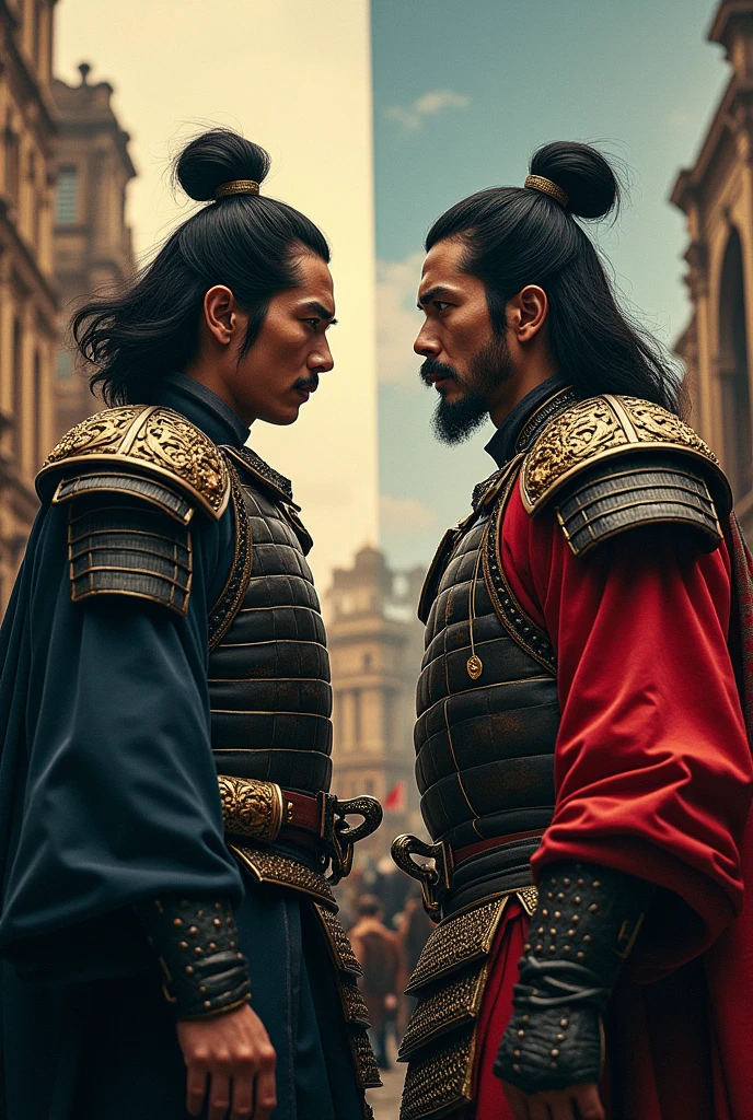 "A split-screen portrait of Oda Nobunaga and Napoleon Bonaparte, both in their historical attire, facing each other with intense expressions. The background blends feudal Japan and 19th-century Europe, symbolizing their respective eras."