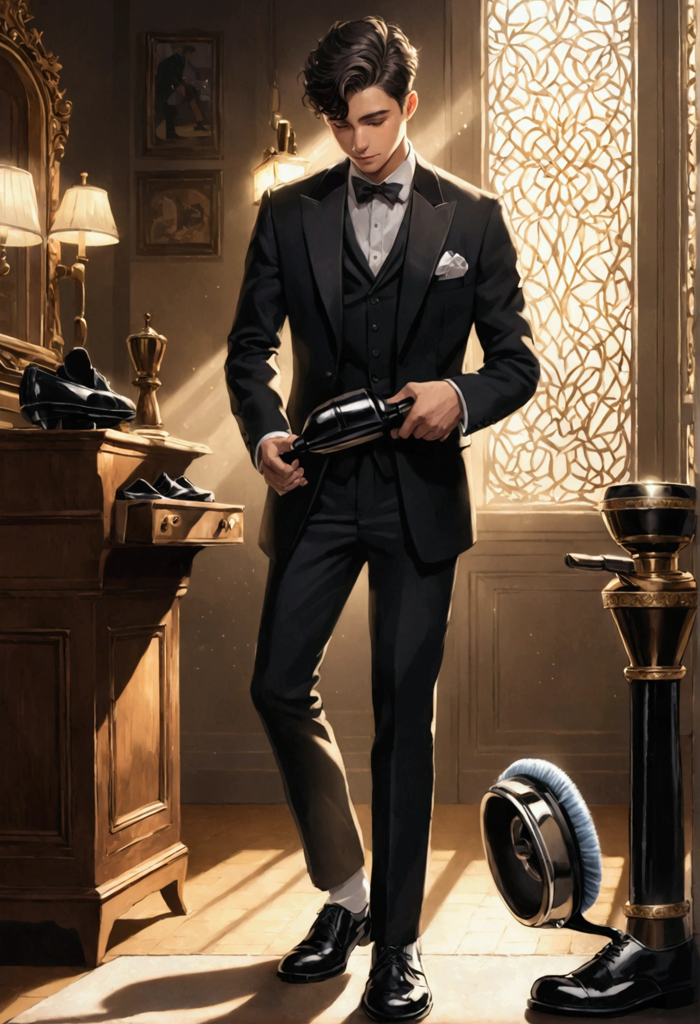young man, Shoe polisher, black shoes
