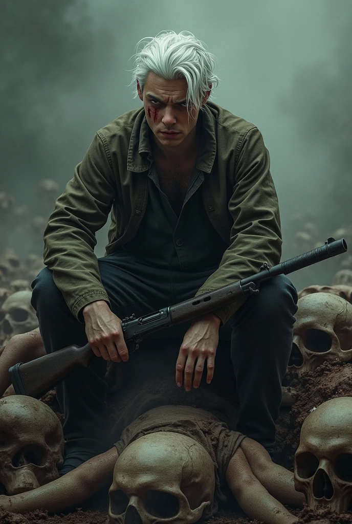 Draws a young white man in his 20s, white hair swept back, has a scar from a tiger paw on his right cheek, is sitting on a pile of corpses, with the US constitution in his left hand, and a rifle in his right hand, steampunk style, his eyes cry blood