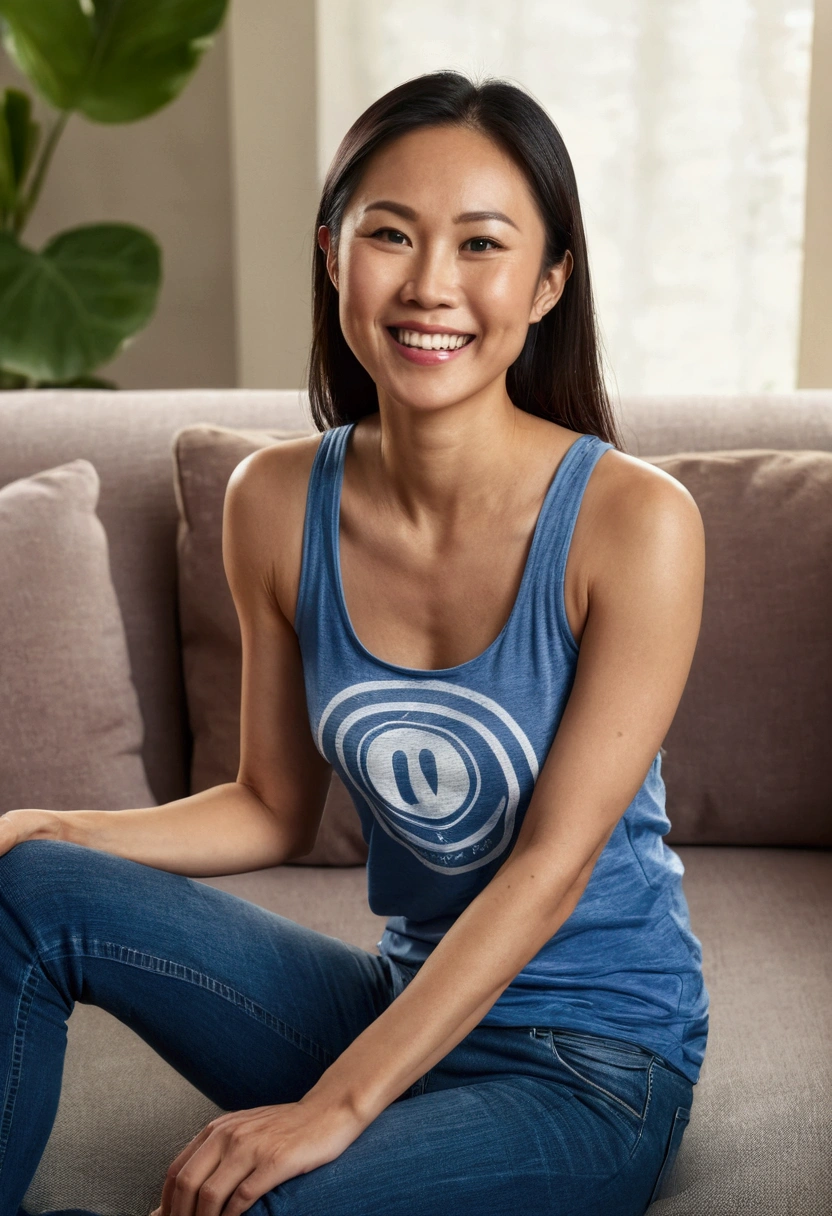 Beautiful athletic 30 year old asian woman wearing tank top and jeans sitting in living room. Smiling. Toned arma