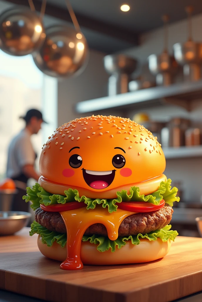 a photo to be used as a banner for a burger joint with the name of "burger jelly". make a smiling jelly jar inside a burger. with the landscape of a restaurant kitchen in the background
