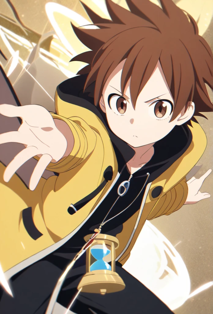 1boy, solo, litle, fairy tail, brown hair, brown eyes, yellow jacket, black Pants, hourglass pendant, open hands, arrogant look, golden magic