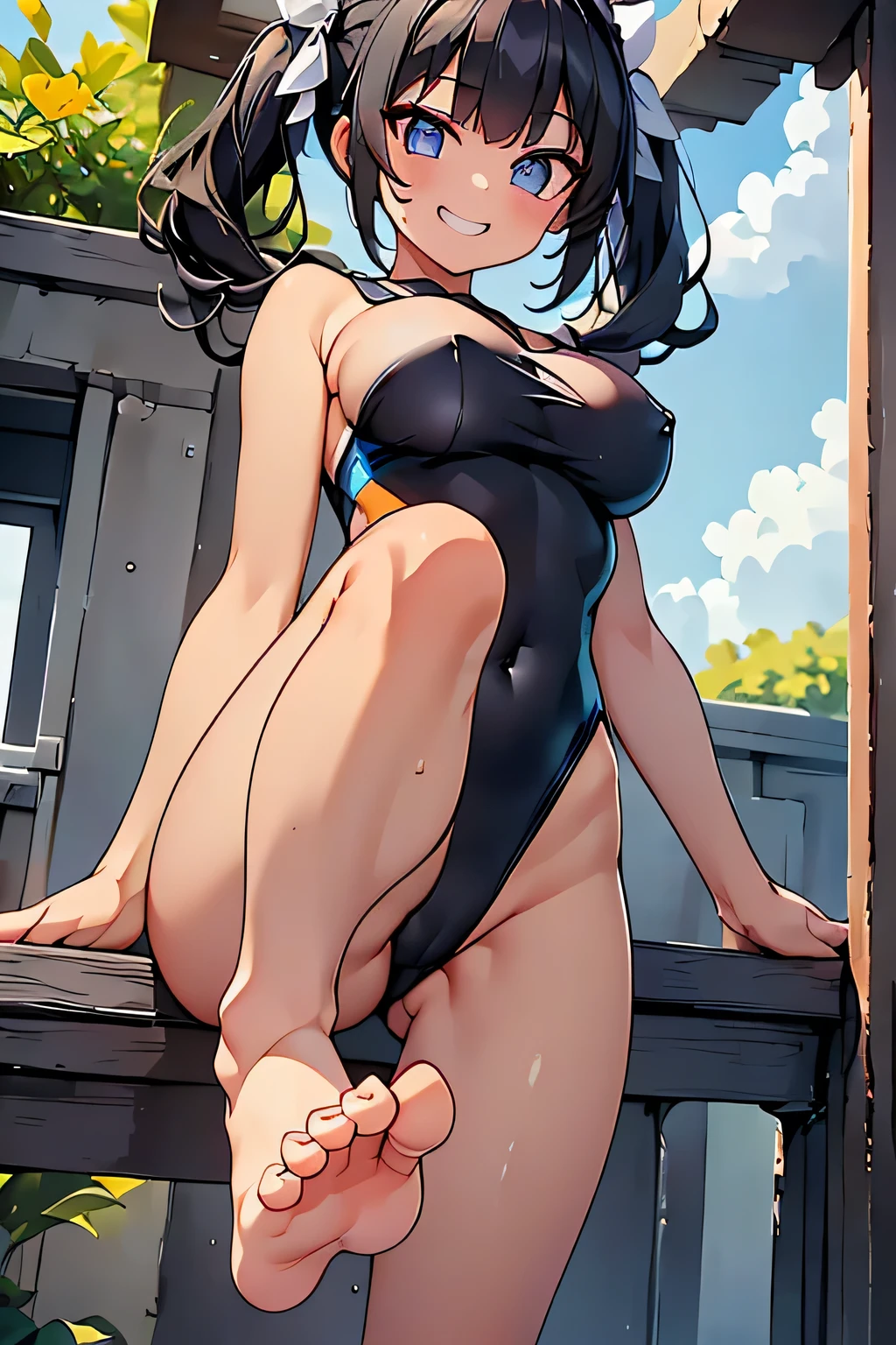 ((Highest quality)), ((masterpiece)), (detailed),1girl is standing, One leg up, (sole of foot, toe:1.2), barefoot, ((grin)), feminine, large breasts, (black leotard)、Black competitive swimsuit, extra detaild eye, beatiful pupils, best quality, masterpiece、Twin tails、suns、of black hair、from below