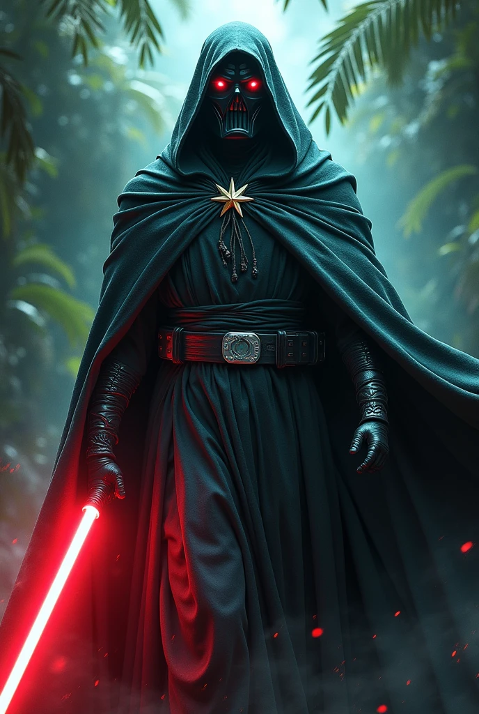 The country honduras as a Sith Lord from Star Wars, star on the Cape, Cape colors turquoise and white, red lightsaber, scary, frightening, ultra-realistic