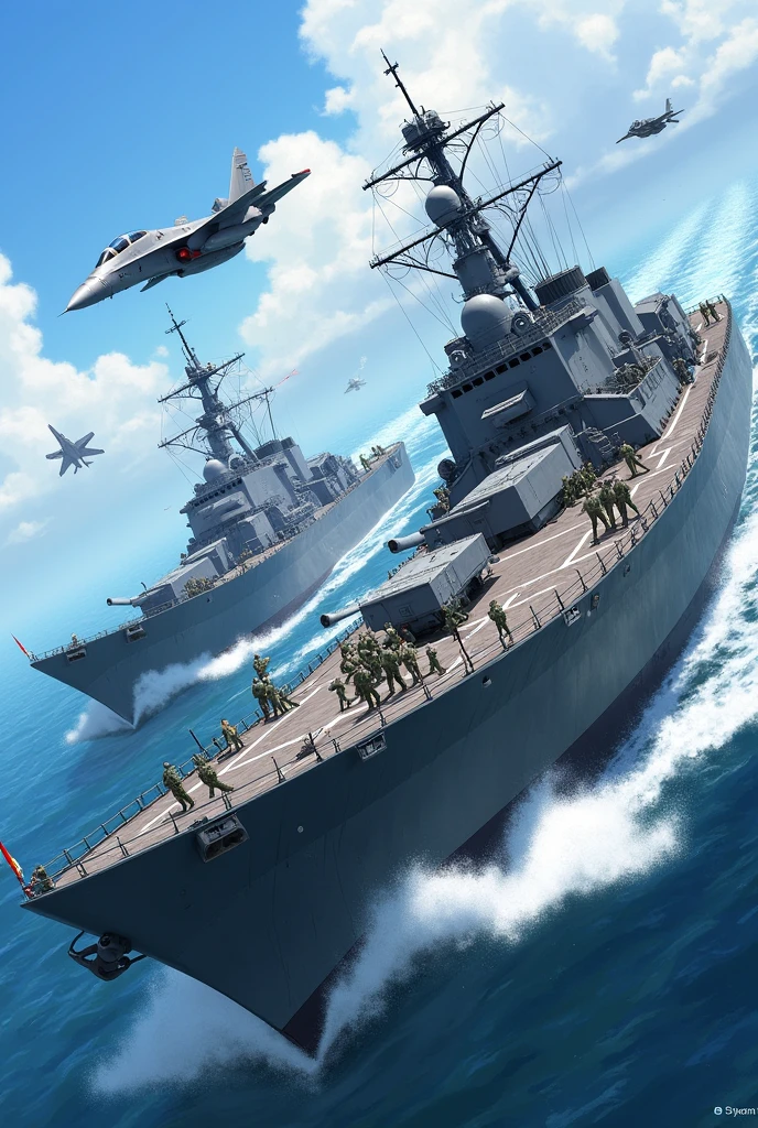 Blue task force (navy, Air Force, infantry) at the sea