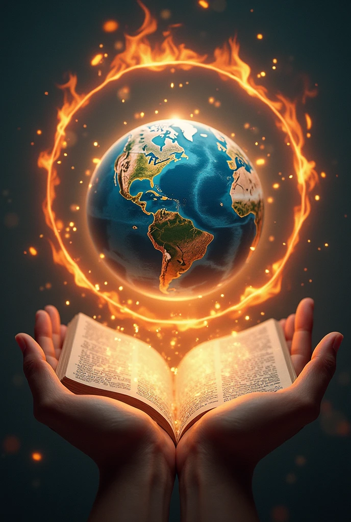 Two open hands with the palms facing upwards with a globe on top of the hands coming out of a large open bible. Rings of fire surrounding the globe, looking like fire is entering the globe. no back ground. Very realistic and magical.
A caption underneath in bright, fiery letters written: ADMIRE