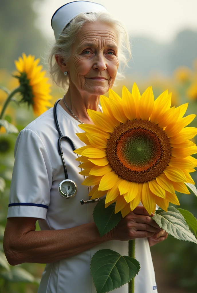 An old woman, 60 year old woman, Nurse, mulher vestida de Nurse, holding a giant sunflower in his hand, giant and realistic sunflower, beautiful sunflower, Holding a sunflower in your hand