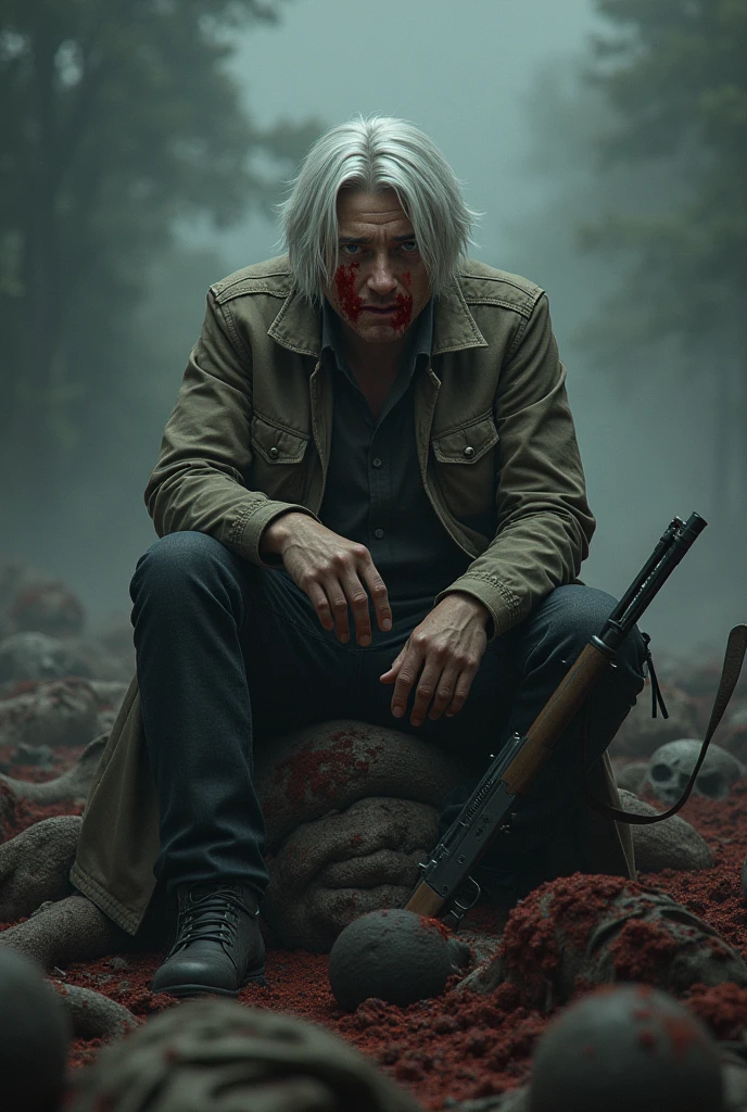 Draws a young white man in his 20s, white hair swept back, has a scar from a tiger paw on his right cheek, is sitting on a pile of corpses, with the US constitution in his left hand, and a rifle in his right hand, steampunk style, his eyes cry blood