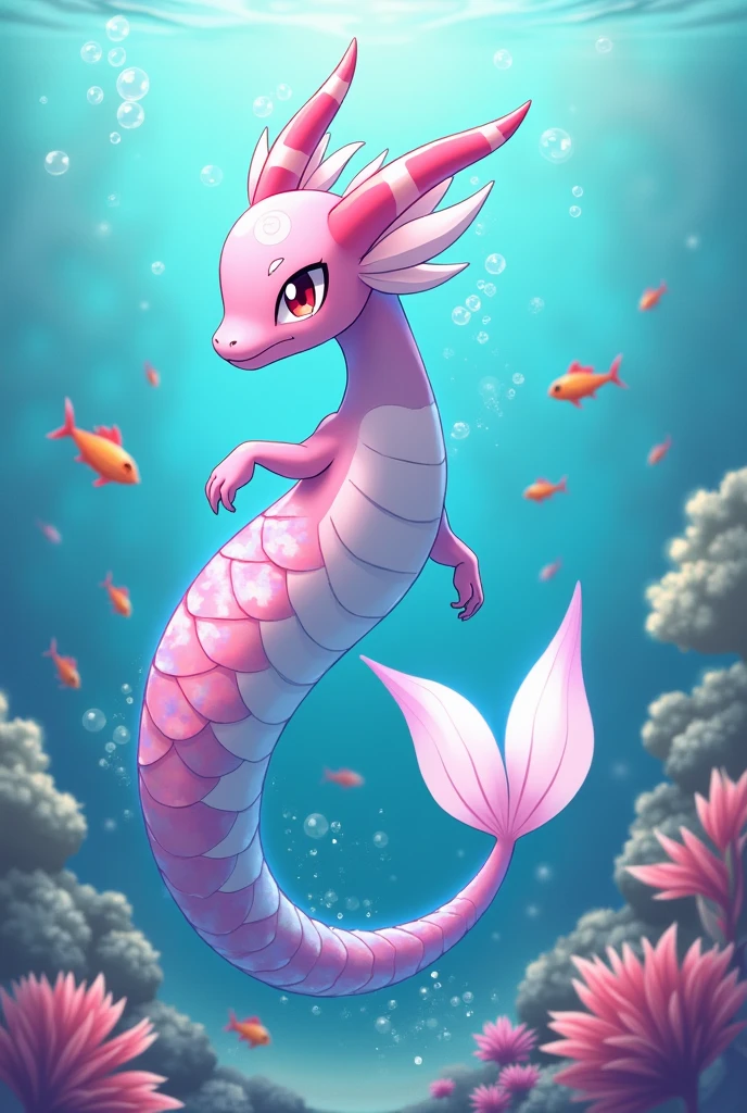 Pokémon, mermaid inspired, 3 evolutions, water and fairy type,アニメ,pink and blue colour,with pink horns, snake shaped head