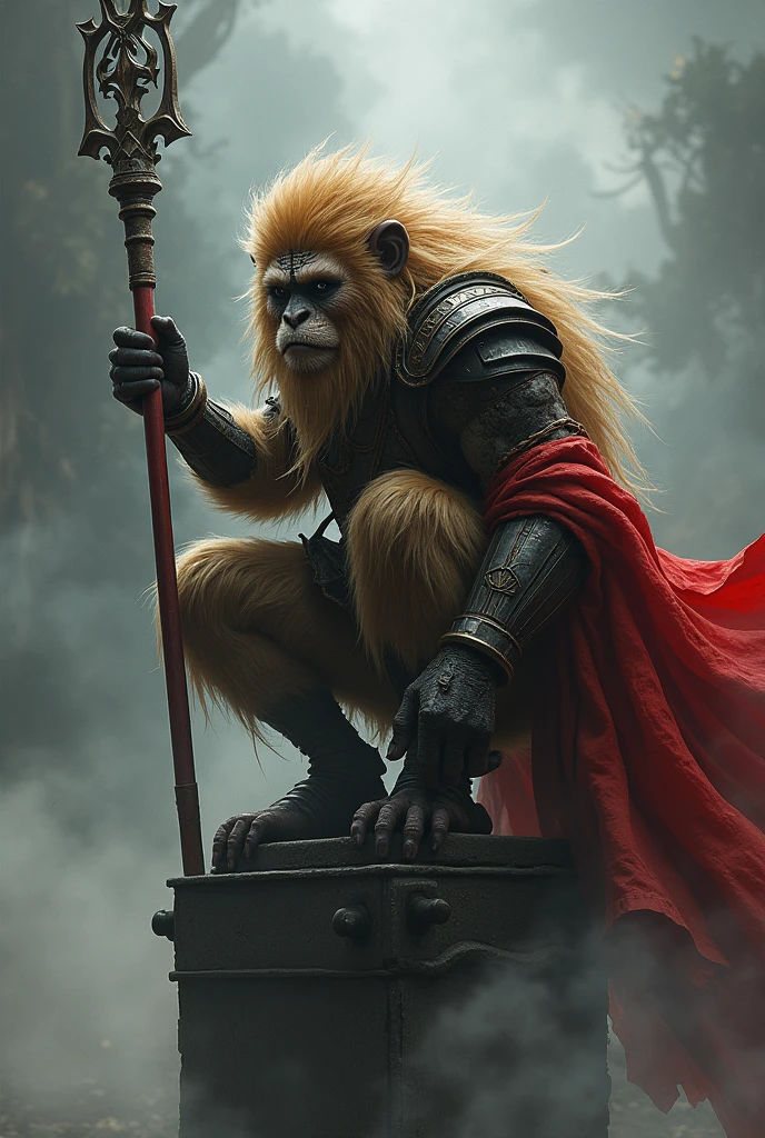 Chinese mythology character, Black myth Wukong, resembling monkey, The warrior is crouching on a pedestal, holding a long, ornate staff in one hand. He has fur-covered body, with a mane of wild, golden hair and a fierce, determined expression. His face is painted with tribal markings, and he wears a mix of armor and tattered cloth, with a red cape billowing behind him. The background is misty and atmospheric, with clouds and smoke swirling around, giving the scene a mystical, otherworldly feel. The color palette should include dark and muted tones, with striking red accents