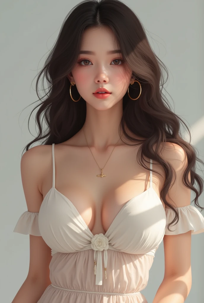 thin girl, dark brown wavy hair. She has somewhat wide hips and medium thighs., medium bust, rear equal medium, and her waist is somewhat small, making curves. His nose is turned up. His eyes are dark brown. White skin. And Korean
