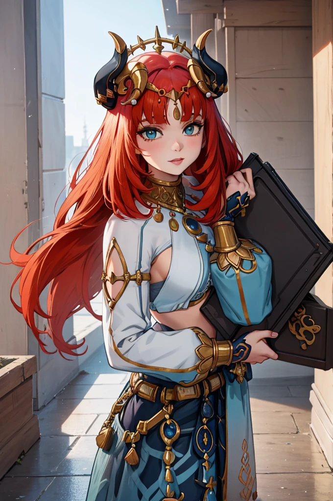 Nilou from Genshin Impact, cute girl with red hair and horns