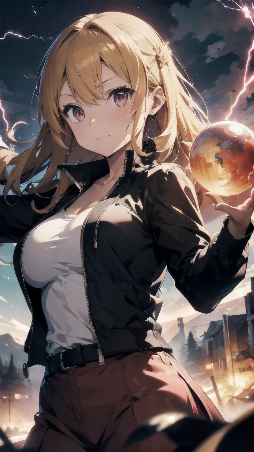 crimson lightning storm, post apocalyptic, magic evocation circle, blonde lion girl, large breasts, holding magic sphere, bright colors, 4k, wallpaper art,