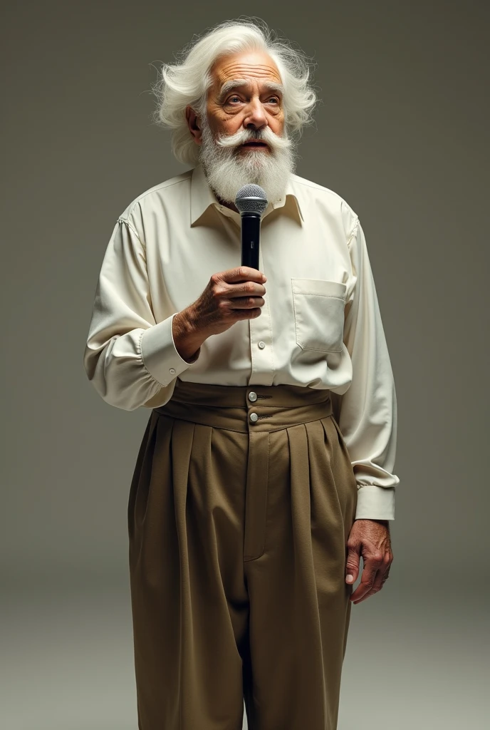 create a white-headed old man, with a white dress shirt tucked into his pants, with brown high pants and a microphone in his hand, speaking in a puppet