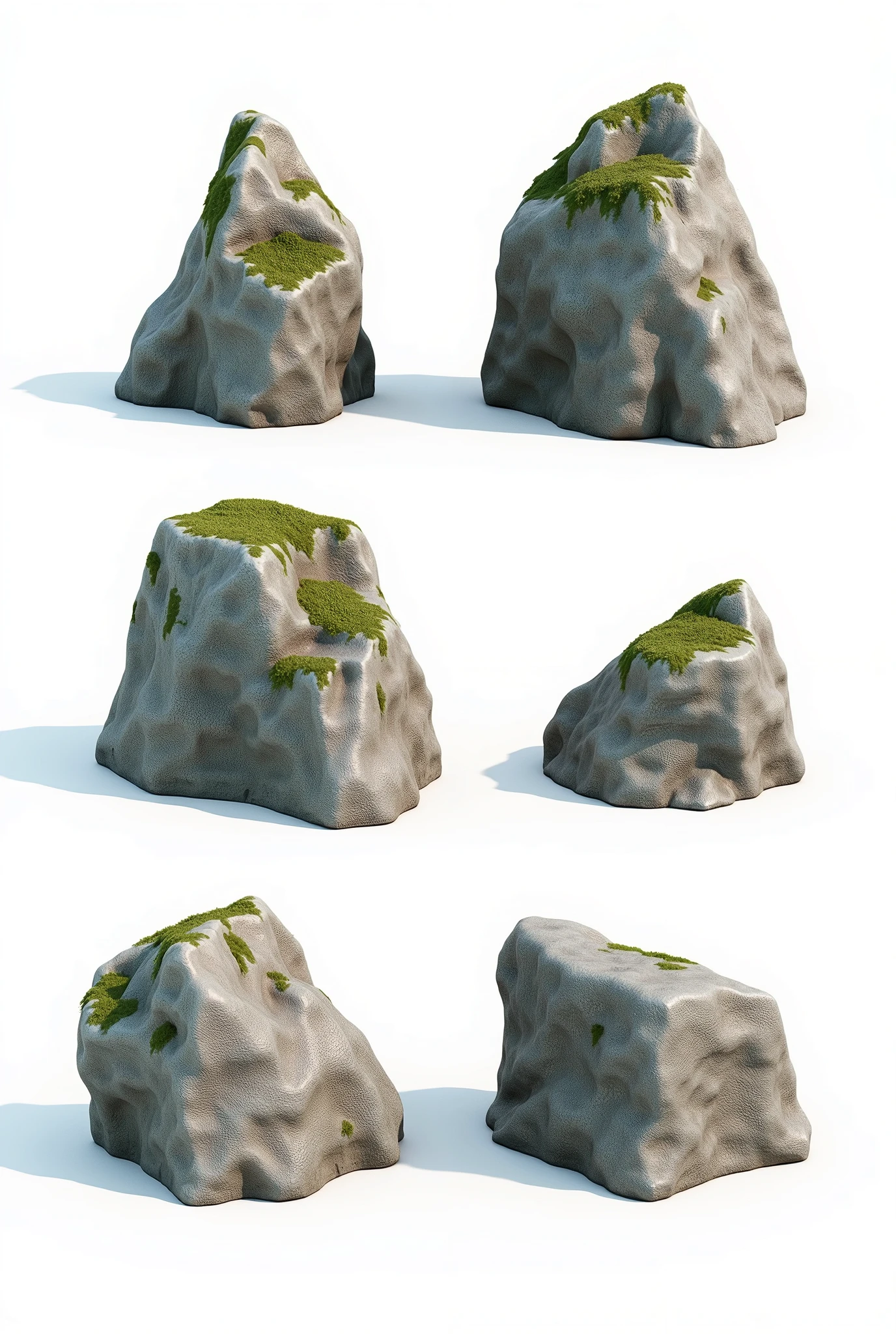 ON A WHITE BACKGROUND Create 3D reference props of various rock formations, with moss, without any moss, rough. Rendering for presetantion 3D reference, ONE NVIDIA RTX render, Ultra-detail, uhd