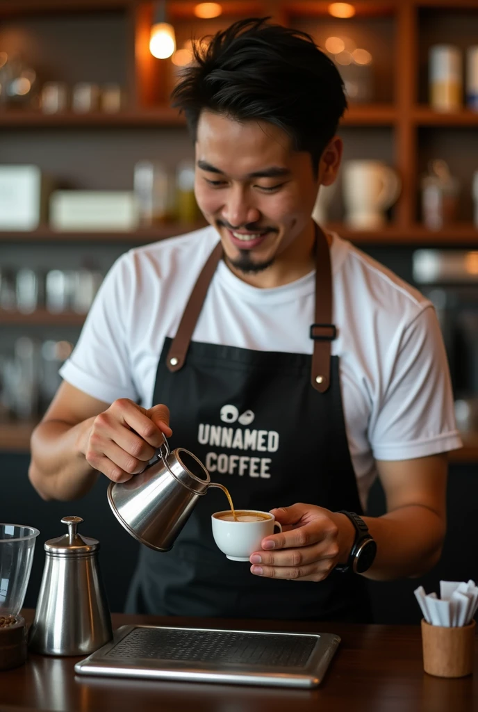 Malaysian man, 2, Help me make a realistic、Good looking pictures，The picture content is：A bartender wearing an apron with the words &quot;UNNAMED COFFEE&quot; printed on it，Coffee is being made。