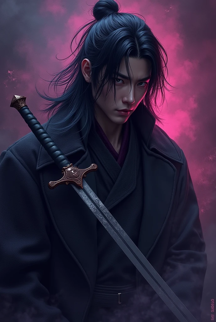 Sung jin woo logo with smoky eyes and sword and written RGxMrIGL JOD color purple black 