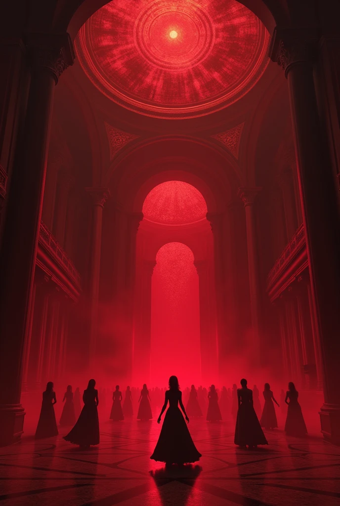 A huge gothic ballroom, filled with red light, with high painted ceilings. The hall is scary and gloomy, inside him dance the dark and gloomy, but beautiful, people in long dresses or suits. 