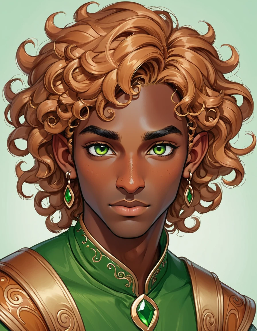 Elf guy with curly caramel colored hair, laid on two sides. He has green eyes, dark skin and a nose with a distinct hump. there is a small mole under the eye, eyebrow piercing and earrings