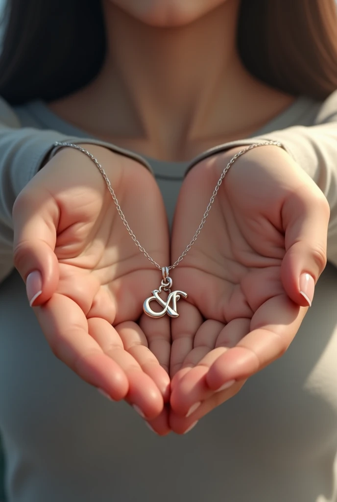 Write letter q and f on a necklace just necklace 
Necklace holding in girl hand and don’t show the face