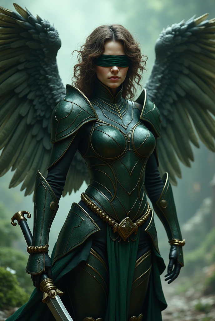 brunette angel, black and moss green armor, blindfolded, curly hair with feathers and scythe