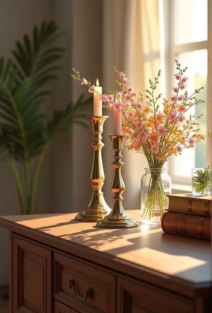 detailed wooden table, brass candlesticks, glass vase with flowers, old books, sunlight streaming through window, detailed textures, warm tones, photorealistic, 8k, masterpiece