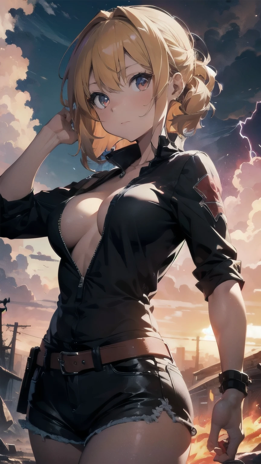 crimson lightning storm, post apocalyptic, magic evocation circle, blonde lion girl, large breasts, holding magic sphere, bright colors, 4k, wallpaper art,