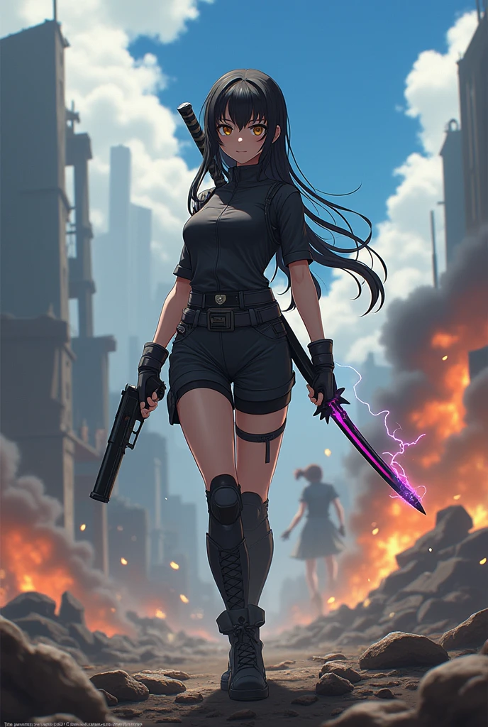 mask,Japan,anime girl,Cute.,Holding a pistol in the right hand,Holding a katana in the left hand,On the battlefield