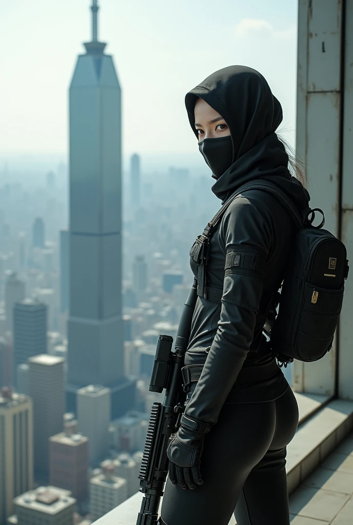 A Japanese female sniper wearing a cloth mask stands on the rooftop of a high-rise building.