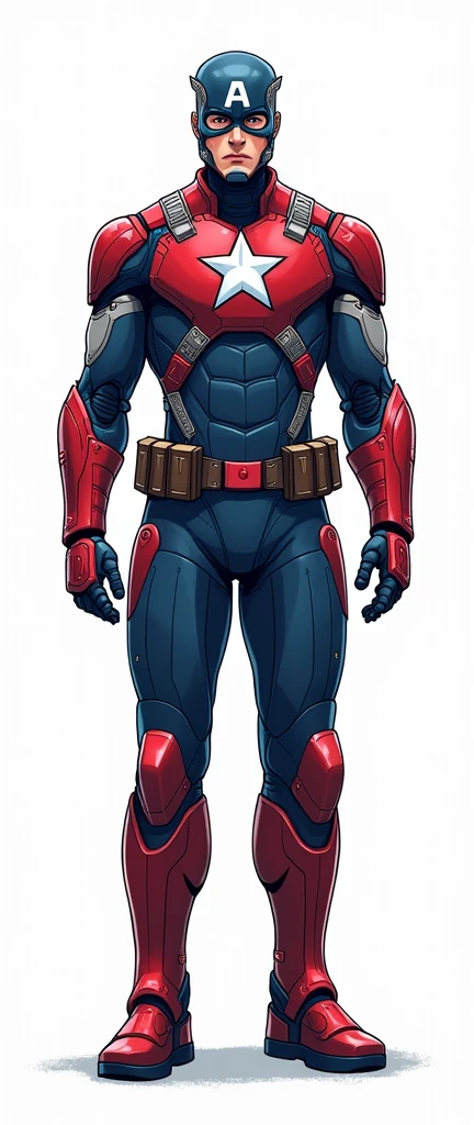 Help me generate an AI game art application analysis，Similar to long PDF，Portfolio format，Don&#39;t need too many colors，Be formal, marvel's captain america armored, The combination of Huawei&#39;s red and technological blue，White background，Need to include typographic elements，Design elements, etc.，Novel board style，Reference dribbble，Behance and other creative websites。
