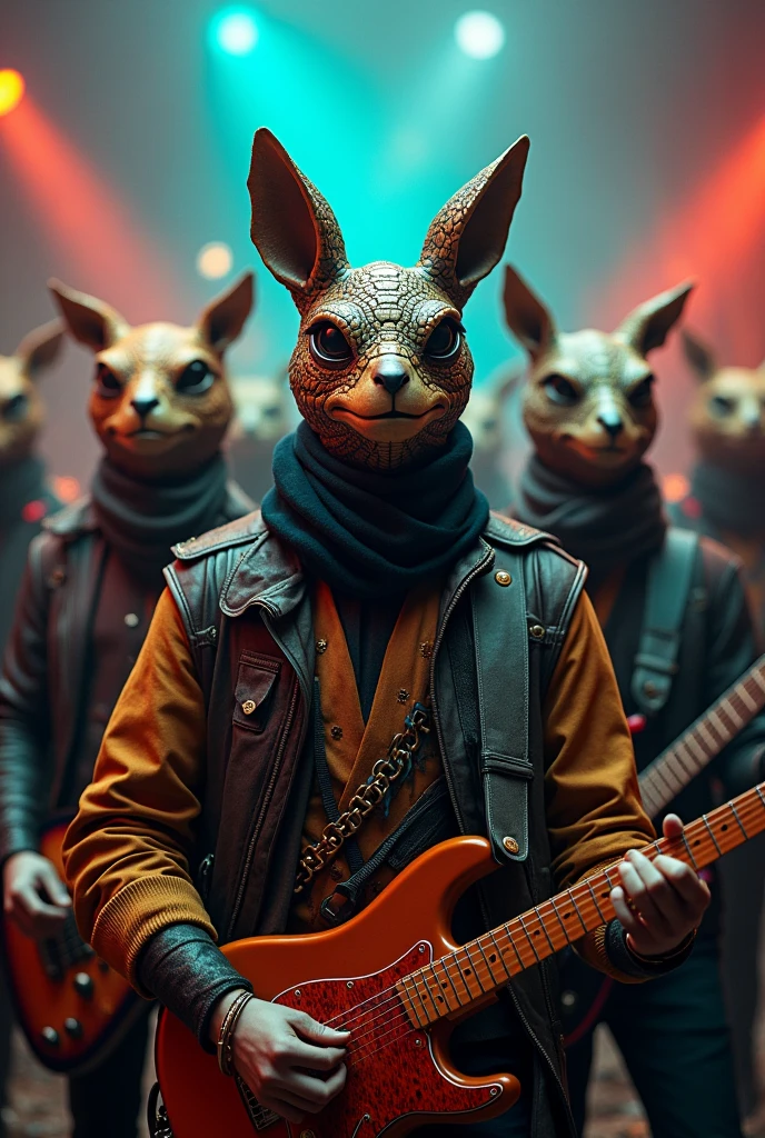 Make a band with animal masks , The one in the center is the boss, put him with a turtle mask  