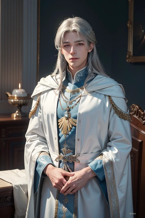 Masterpiece of a photorealistic image in ultra high resolution (4K or higher), showcasing a single male prince figure in a white armor and cover by royal poncho, gazing directly at the viewer. The indoor setting is dimly lit, creating an intimate and intriguing atmosphere. Every detail, from the textured fabric of the suit to the pores on the man's flawless skin, is rendered in the highest level of realism. The image is a top-quality, breathtaking representation of human high class beauty and elegance. Silver and deep blue ombre hair, metalic silver Eyes, Looking at viewer, cool and cold Smile,