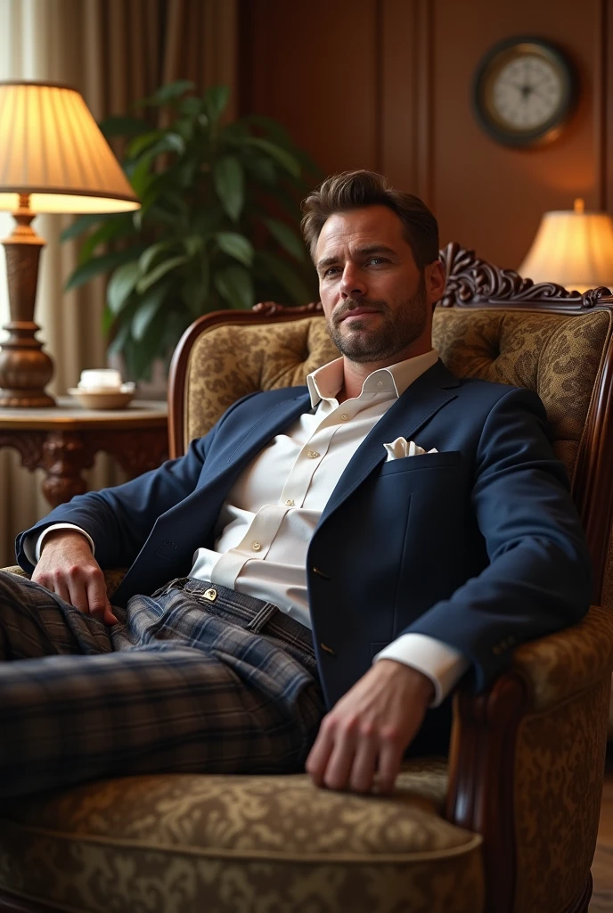couch millionaire, with check check pajamas and coat suit