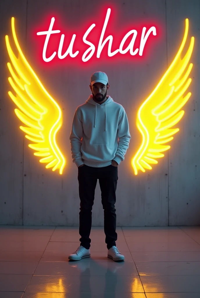  In this striking and futuristic scene, a mysterious individual stands confidently in front of a mesmerizing neon wall. The individual’s casual attire – a white sweater, white cap, black pants, and black shoes – contrasts with the vibrant neon wings in bright yellow, symmetrically placed on either side of the figure. The bold red neon quote “Tushar” adds an inspiring touch to the composition. The floor, made of tiles, reflects the grayish hue of the wall,