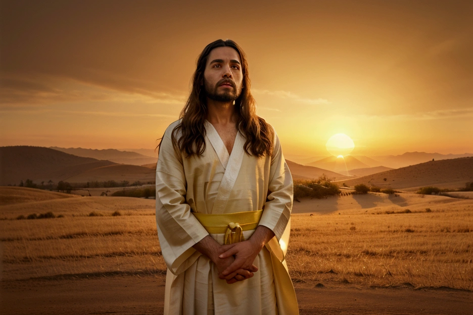 Create a high-quality environment, realistic image of Jesus Christ. He should be portrayed with a gentle and serene expression., wearing traditional robes with vibrant, rich colors. The backdrop should include a peaceful atmosphere, natural scenery with brightness, bright coloured, perhaps featuring a sunset or lush landscape to enhance the overall vibrancy and beauty of the image. wasteland, praying, Realism, ciematic