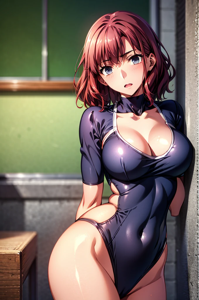 masterpiece,Highest quality,8k,Ultra-high resolution,Very detailed,appropriate margins,perfection2Book Arms,perfection5本の指,perfection人体,perfection瞳,((Cowboy Shot)),break,Bright expression,(1 person),(The most beautiful woman),Slim figure,((The most amazing big breasts)),Cleavage,Moisturized Skin,Fair skin,break,((Red Hair)),Side part,short hair,Wavy Hair,break,Thin eyebrows,break,(Black eyes),break,((School Swimsuit)),break,Embarrassing,((forward leaning posture)),Make eye contact with your audience,nsfw