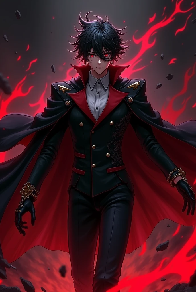 ¡
**hair**: I might have dark, messy hair, with pointed tips resembling flames or shadows, giving it a dynamic and powerful look. 2. **CLOTHES**: He would wear a long, dark tuxedo-style cape. , maybe with red details, that floats dramatically around him. The clothing could be a warrior outfit, with stylized armor on the shoulders and arms. 3. **Accessories**: I could wear a pair of gloves with shiny details, and maybe a mask that covers part of your face, adding a mysterious air. 4. **Posture**: I would be in an action pose, with arms outstretched, as if he were invoking power or controlling dark elements. 5. **bottom**: A dark background or red and black tones, that highlights the contrast with the character, giving a feeling of intensity and strength. This would give it a very exciting and visually appealing anime touch.. By the way, he's a boy.