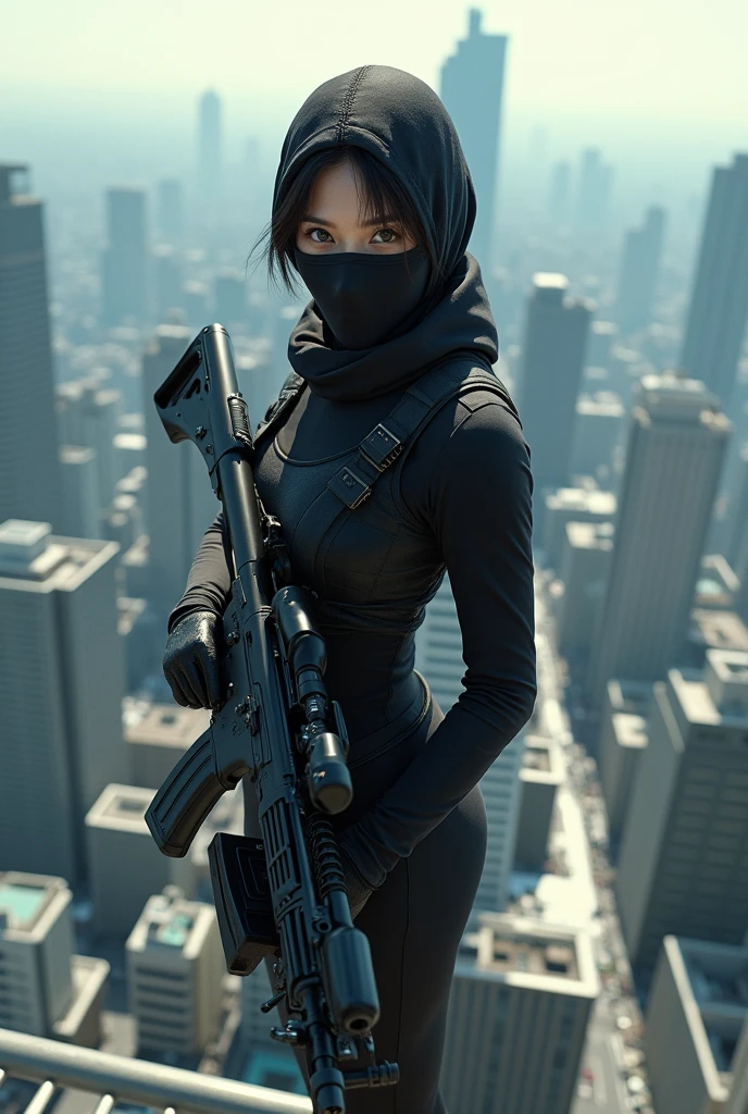A Japanese female sniper wearing a cloth mask stands on the rooftop of a high-rise building.