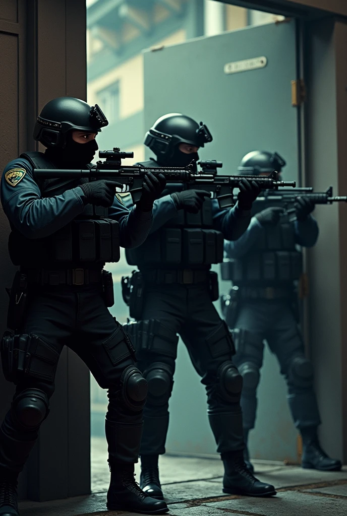 3 Swat police officers at a door preparing to break down a door